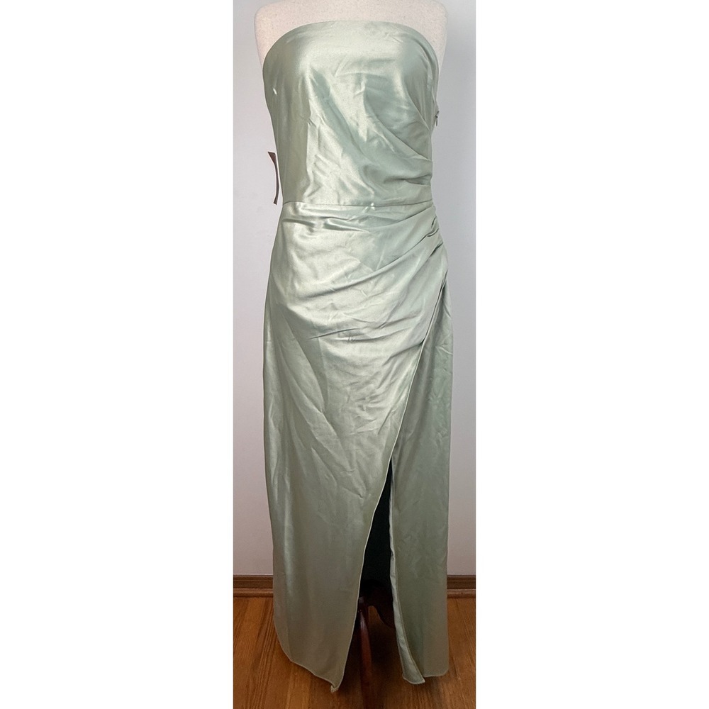 BHLDN Strapless Maxi Dress Womens XL Sage Green Satin Ruched Wrap Gown OB2074109